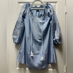 Union of Angels Elegant Light Blue Embroidered On/Off Shoulder Mini Dress Sz Med